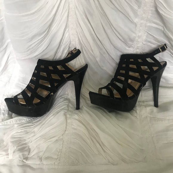 Wet Seal Black Platform Open Toe Sling Back Heels - Picture 3 of 7